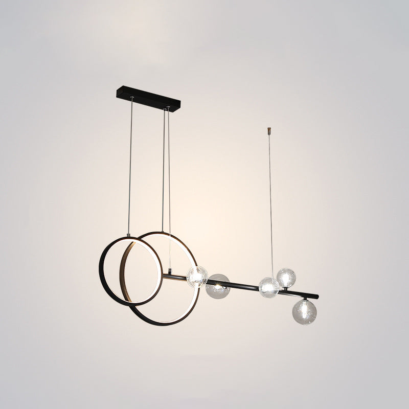 Moderno a ciondolo lineare e anello LED Light Metal Dining Room Isola sospesa con tonalità in vetro trasparente