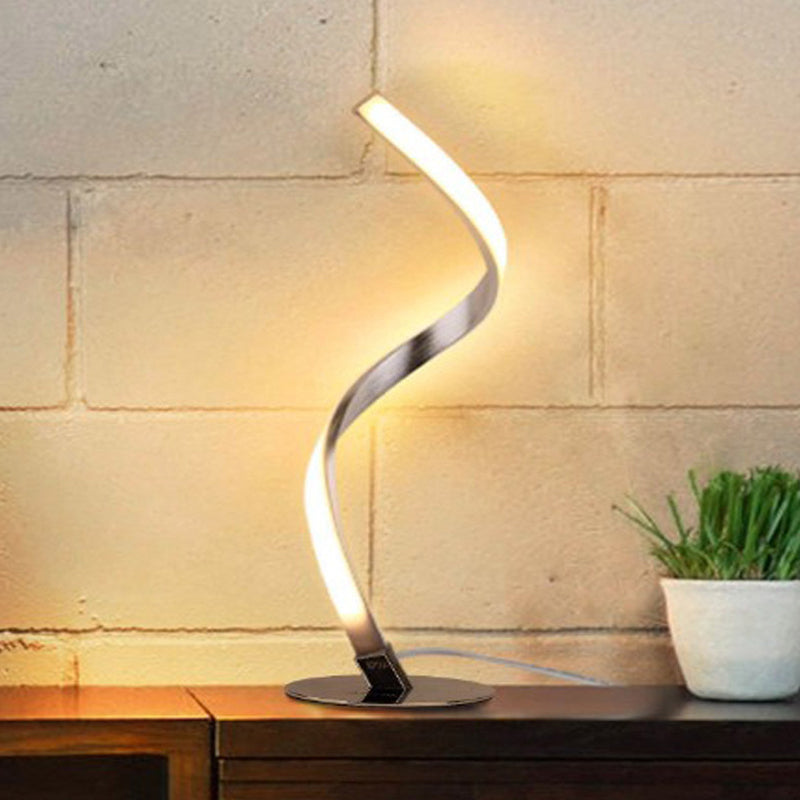 Spiral Shaped Metal Table Lighting Minimalist Single Bulb Silver LED Nightstand Lamp
