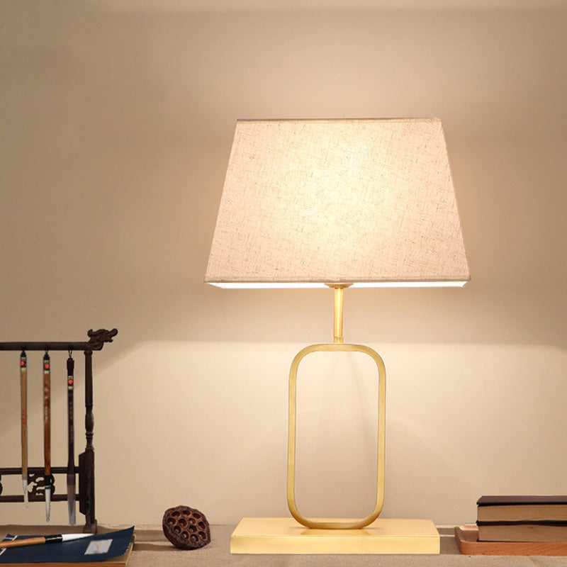 Contemporary Rounded Rectangle Table Light Metal 1-Light Bedside Nightstand Lamp with Fabric Shade in Gold