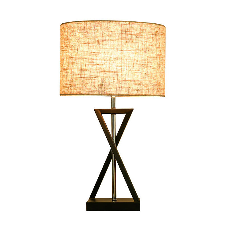 Drum Nightstand Lamp Simplicity Fabric Single Bedside Table Light with Hourglass Shaped Base