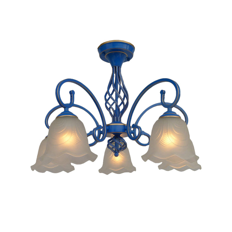 5/6/8 Bulbs Flared Chandelier Light Traditional Frosted Glass Hanging Ceiling Fixture in Blue