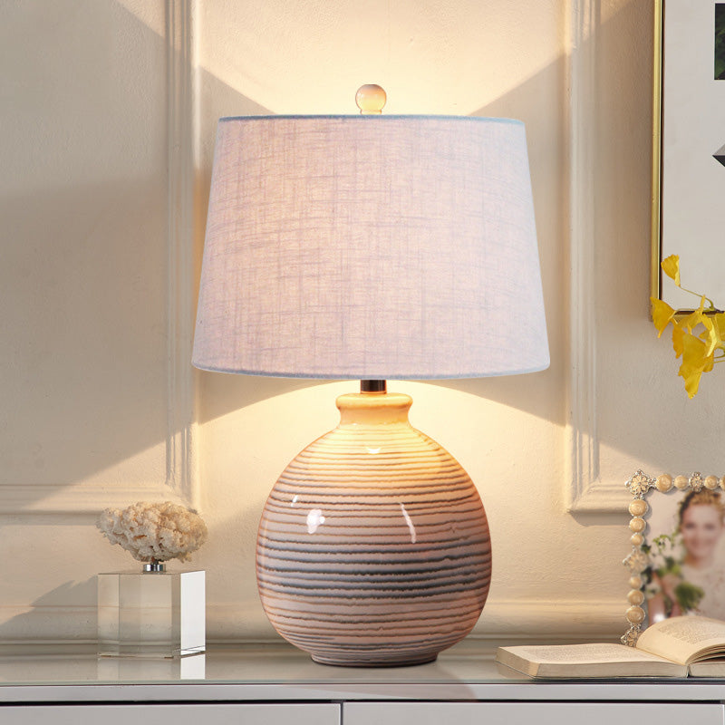 Artistic Tapered Drum Shaped Table Lamp Fabric 1��Bulb Bedside Nightstand Light with Ceramic Base