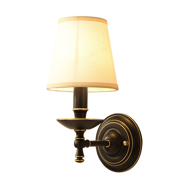 Single-Bulb Wall Sconce Vintage Candlestick Metal Wall Mounted Lamp with Tapered Fabric Shade in Black