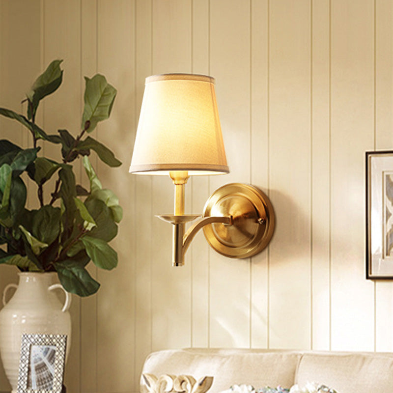 Candelabra Metal Wall Sconce Minimalism 1-Light Living Room Wall Mounted Light with Cone Fabric Shade in Gold