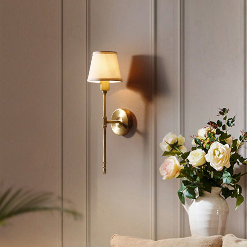 Fabric Empire Shade Wall Lighting Fixture Simplicity Bedroom Wall Sconce Lamp with Elongated Arm in Gold