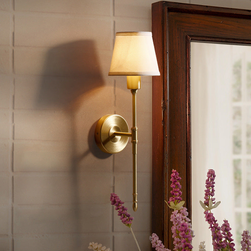 Fabric Empire Shade Wall Lighting Fixture Simplicity Bedroom Wall Sconce Lamp with Elongated Arm in Gold