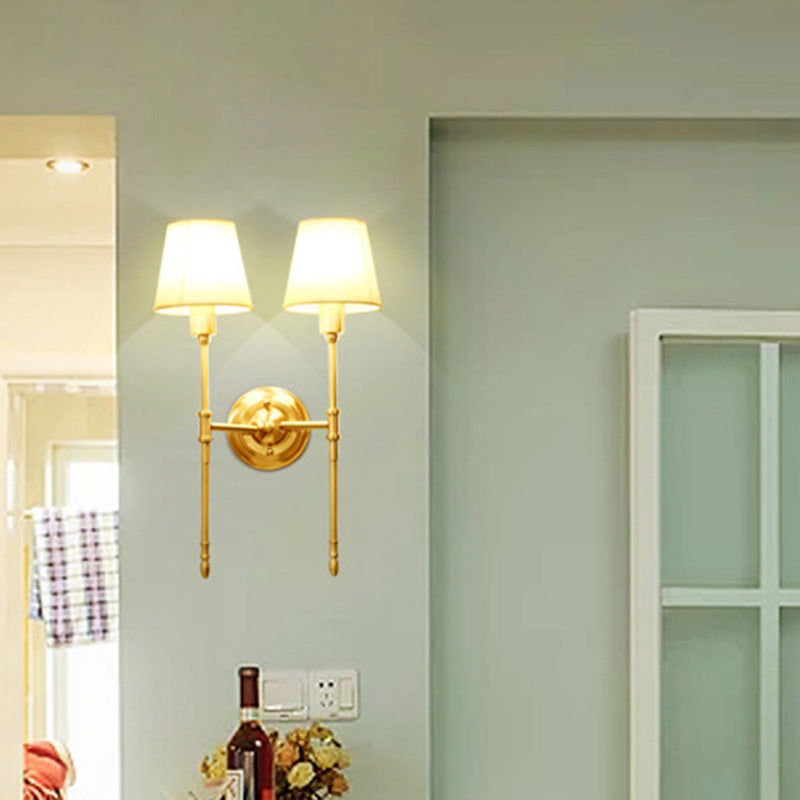 Fabric Empire Shade Wall Lighting Fixture Simplicity Bedroom Wall Sconce Lamp with Elongated Arm in Gold
