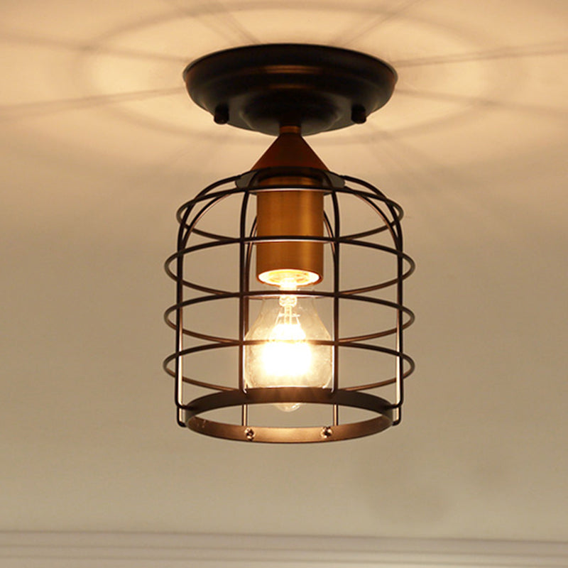 Black One Light Ceiling Mount Industrial Metal Cylinder Semi Flush Light with Cage for Corridor
