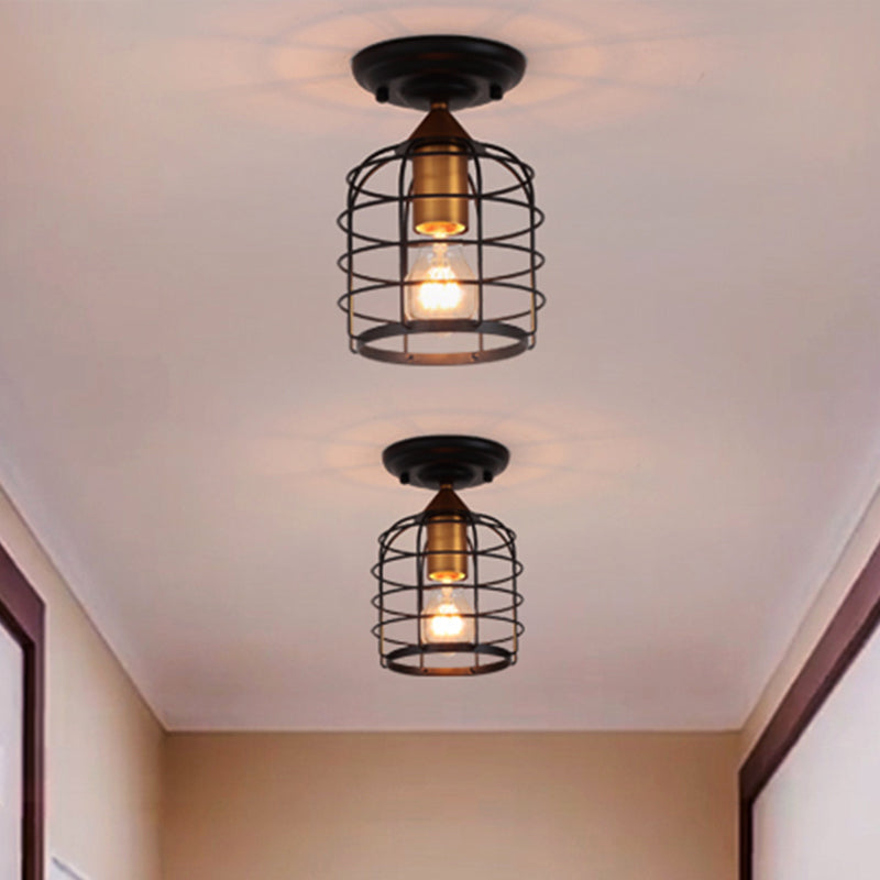 Black One Light Ceiling Mount Industrial Metal Cylinder Semi Flush Light with Cage for Corridor