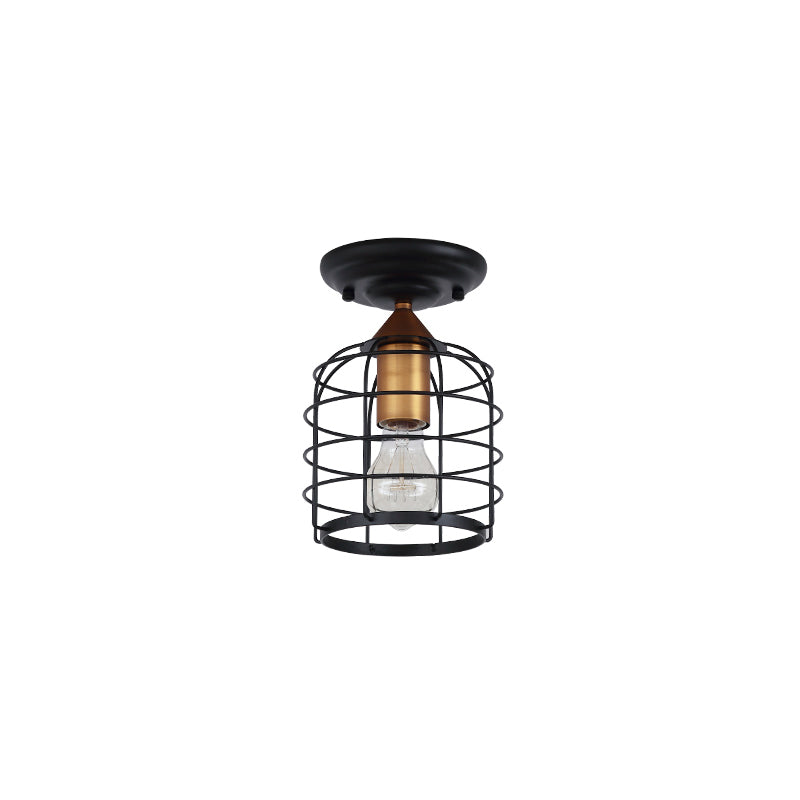 Black One Light Ceiling Mount Industrial Metal Cylinder Semi Flush Light with Cage for Corridor