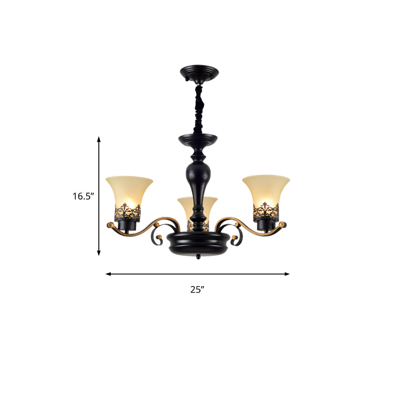 Bell Frosted Glass Chandelier Light Traditional 3/6/8 Light Living Room Pendant Lighting in Black