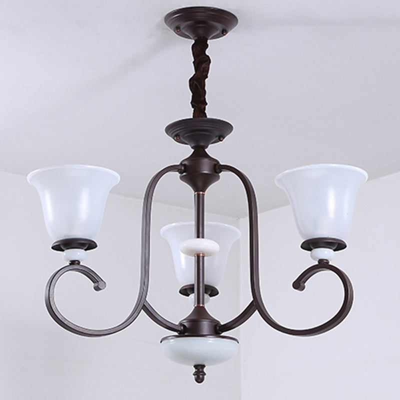 3/6/8 Lights Pendant Light Traditional Bell Frosted Glass Hanging Chandelier in Dark Coffee