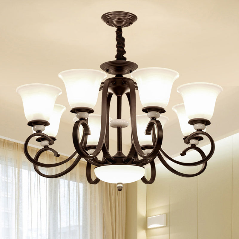 3/6/8 Lights Pendant Light Traditional Bell Frosted Glass Hanging Chandelier in Dark Coffee