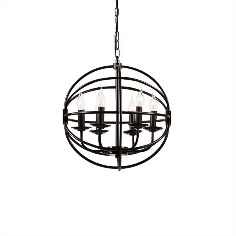 6-Licht-Metallhänge Kronleuchter industrieller schwarzer Kerzen-Esszimmer-Anhängerleuchte mit Globe Design