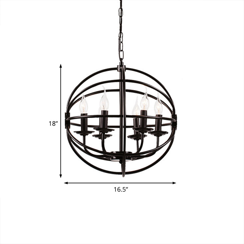 6-Licht-Metallhänge Kronleuchter industrieller schwarzer Kerzen-Esszimmer-Anhängerleuchte mit Globe Design