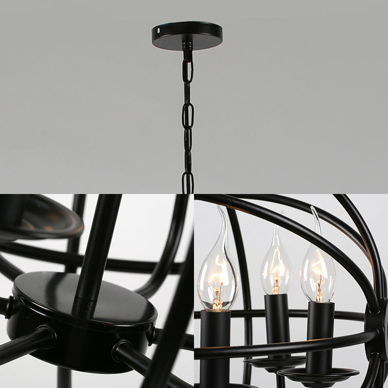 6-Licht-Metallhänge Kronleuchter industrieller schwarzer Kerzen-Esszimmer-Anhängerleuchte mit Globe Design