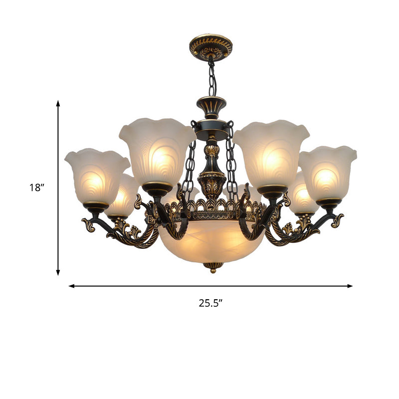 Bronze Flared Pendant Lighting Traditional Frosted Textured Glass 9/11 Light Living Room Chandelier