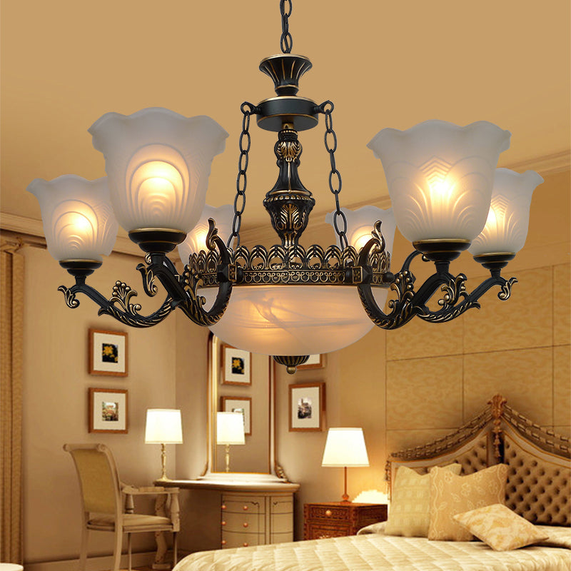 Éclairage pendentif évasé en bronze Verre de texture givrée traditionnelle 9/11 Light Living Room Chandelier