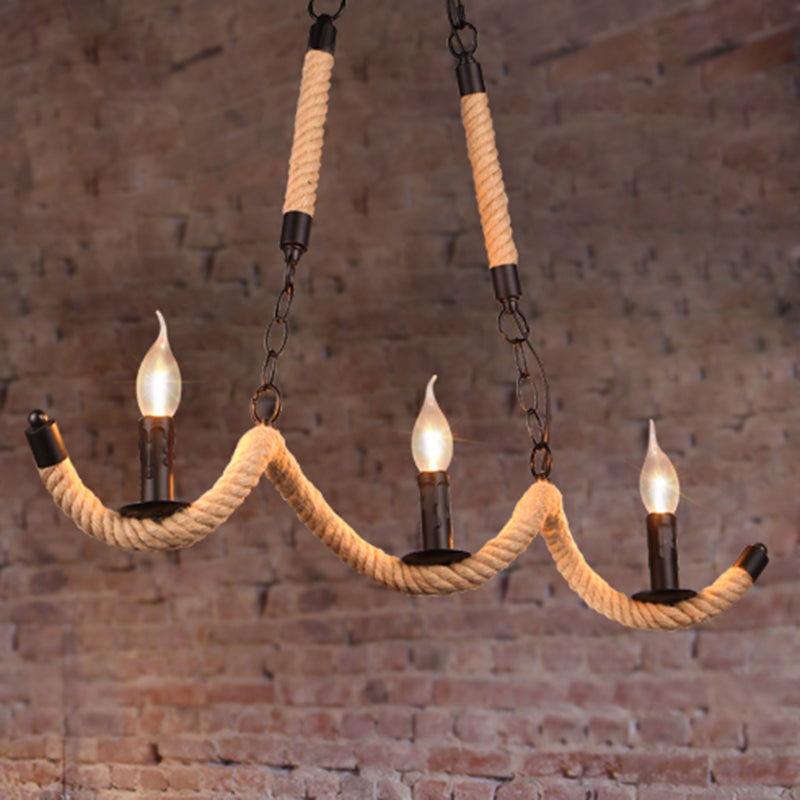 3-Light Candle Island Lamp Vintage Black Rope Pendant Light Fixture for Dining Room