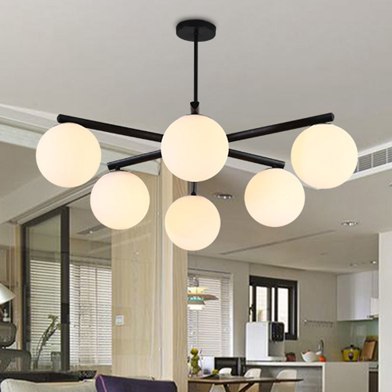 White Glass Globe Hanging Chandelier Traditional 3/6/8 Light Living Room Pendant Light in Black with Sunburst Design