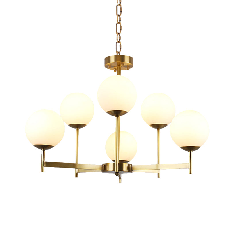 6/8 Bulbs Globe Chandelier Light Traditional Frosted Glass Hanging Ceiling Fixture in Brass