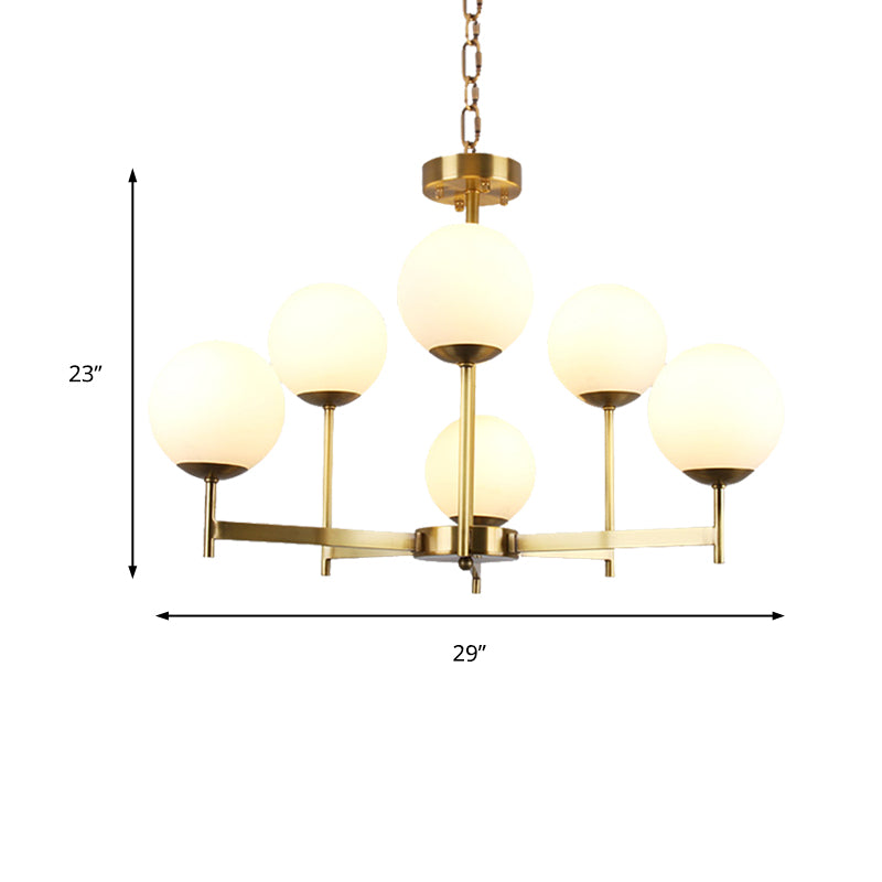 6/8 Bulbs Globe Chandelier Light Traditional Frosted Glass Hanging Ceiling Fixture in Brass