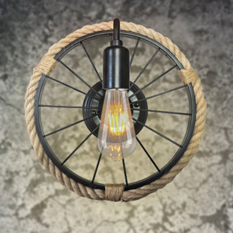 1 Light Open Bulb Sconce Lamp Industrial Black Rope Wall Mounted Light with Wheel Shape