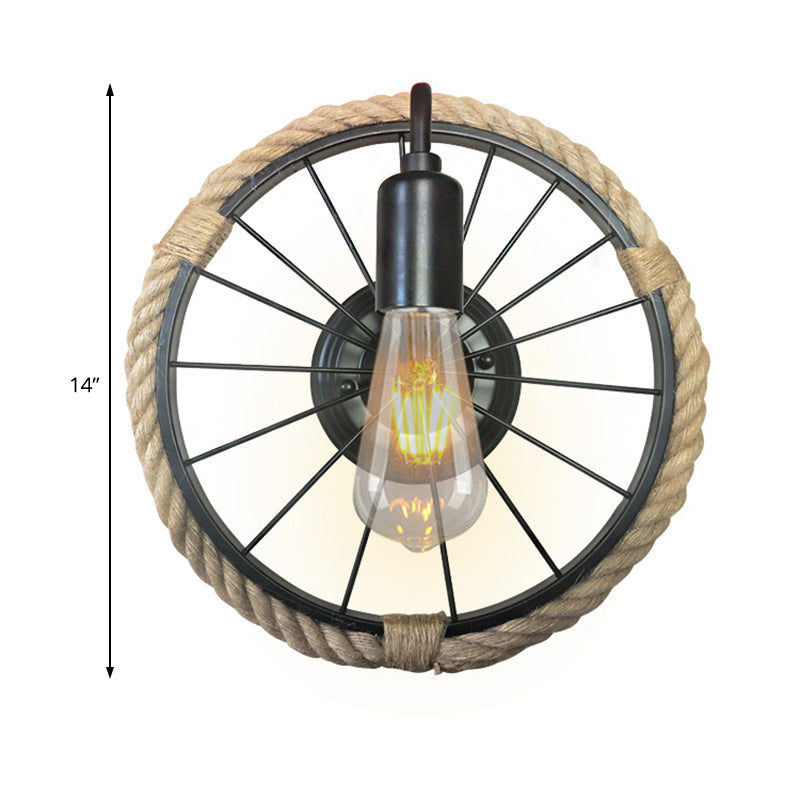 1 Light Open Bulb Sconce Lamp Industrial Black Rope Wall Mounted Light with Wheel Shape