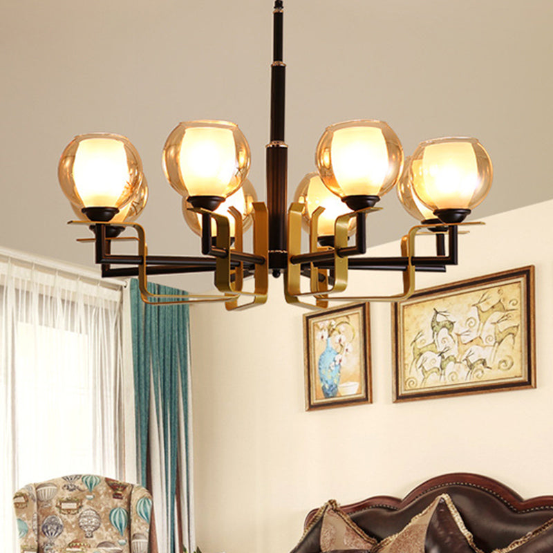 3/6/8 Lights Amber Glass Pendant Chandelier Traditional Black Bubble Bedroom Hanging Ceiling Fixture