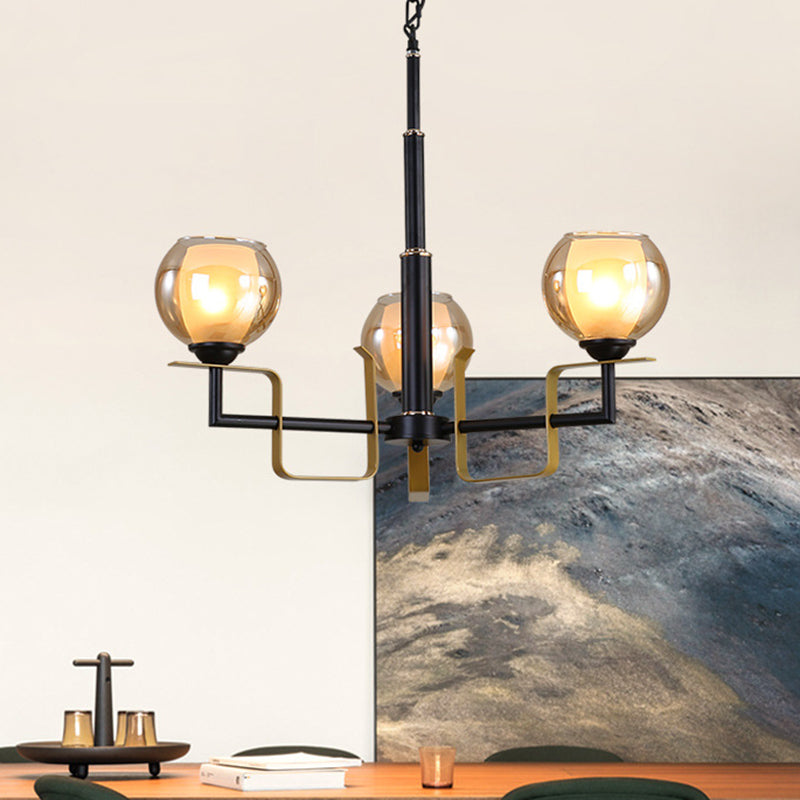 3/6/8 Lights Amber Glass Pendant Chandelier Traditional Black Bubble Bedroom Hanging Ceiling Fixture