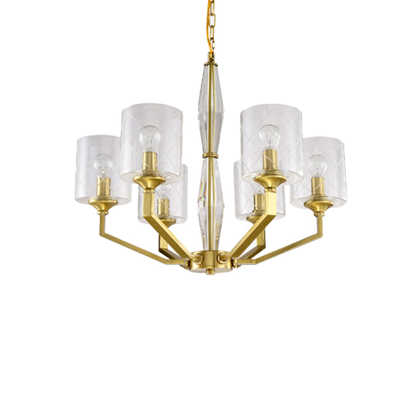 Cylinder Living Room Ceiling Chandelier Traditional Clear Glass 6/8 Light Brass Hanging Fixture