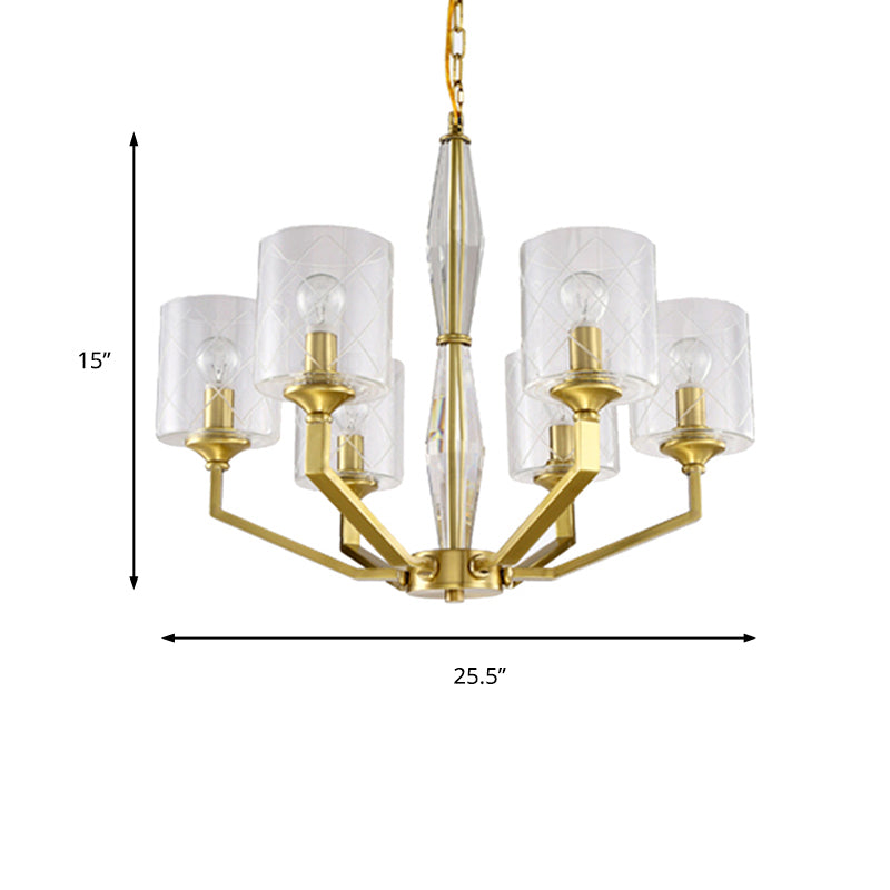 Cylinder Living Room Ceiling Chandelier Traditional Clear Glass 6/8 Light Brass Hanging Fixture