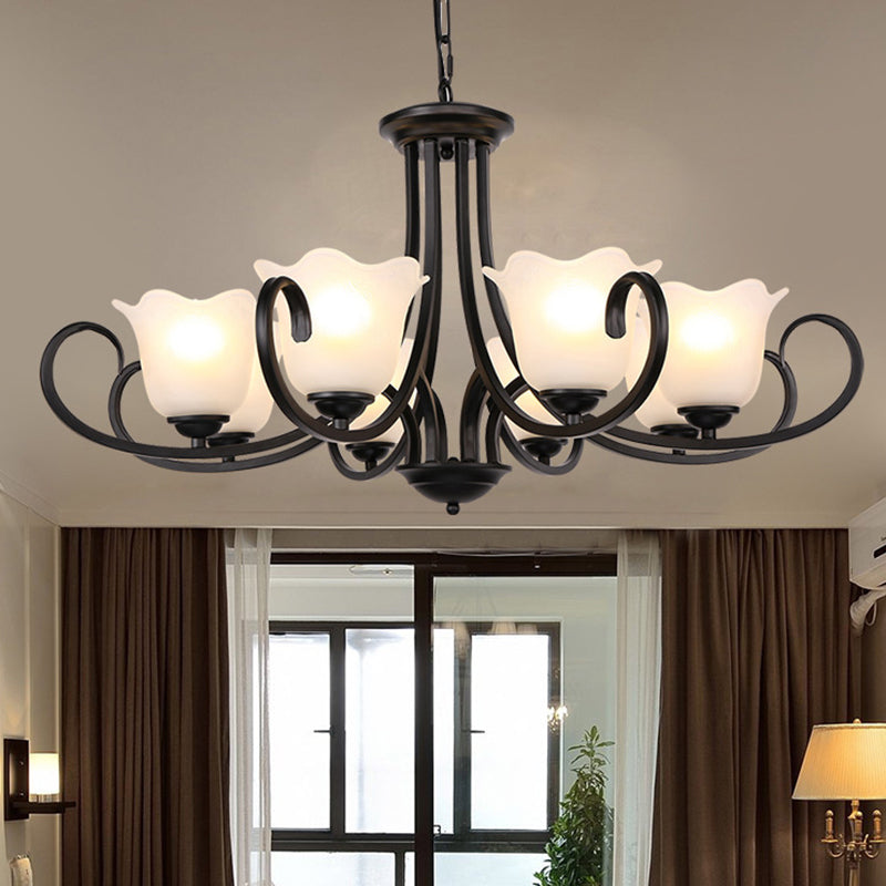 3/6/8 Lights Ceiling Light Traditional Flower Shape Frosted Glass Hanging Chandelier in Black for Living Room