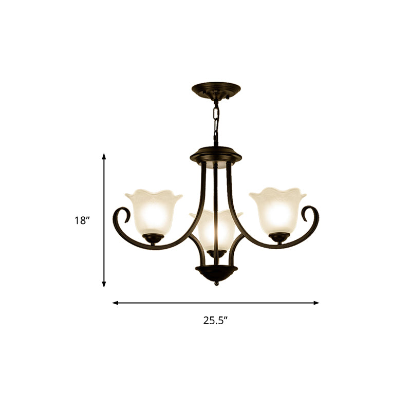 3/6/8 Lights Ceiling Light Traditional Flower Shape Frosted Glass Hanging Chandelier in Black for Living Room