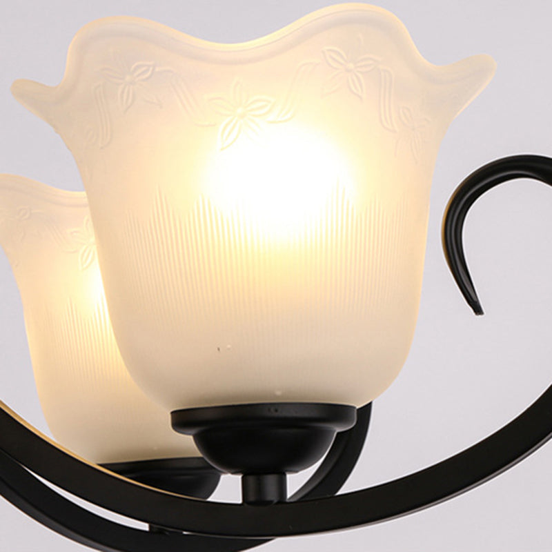3/6/8 Lights Ceiling Light Traditional Flower Shape Frosted Glass Hanging Chandelier in Black for Living Room