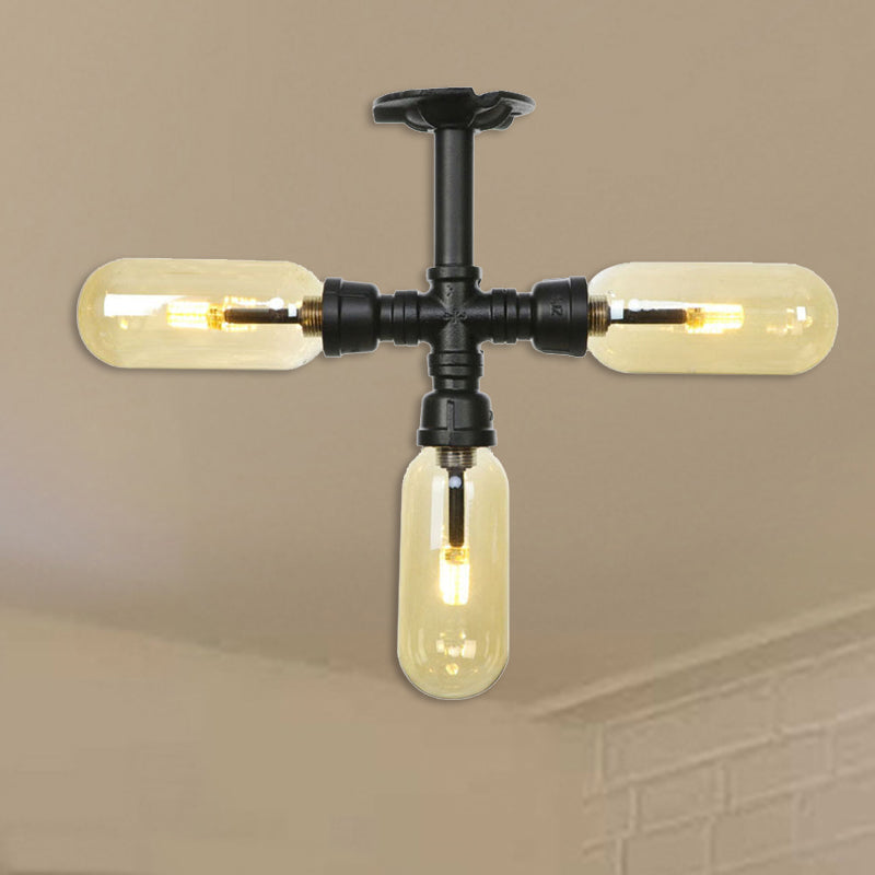Illuminazione a soffitto nero opaco vetro ambra vintage 3/4 luce ovale semi -filo con design del tubo