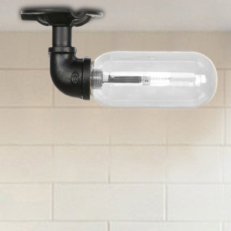 1 Light Ceiling Mounted Fixture Oval Shade Clear Glass Industrial Indoor Semi Flush Mount in Black with Pipe Design