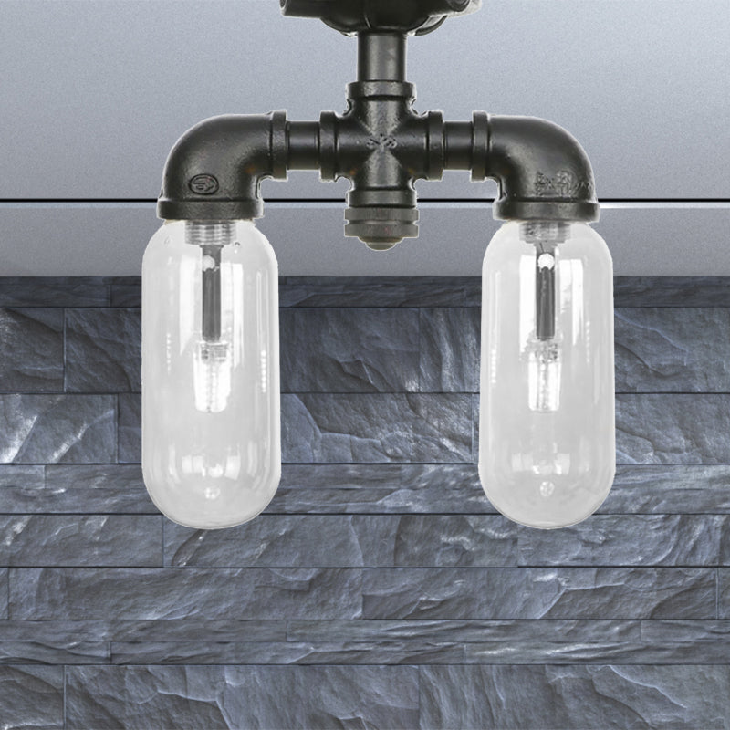 Lampada da soffitto per interni con paralume a capsula nero opaco vintage a 2 luci in vetro trasparente con montaggio a semicerchio e design a tubo