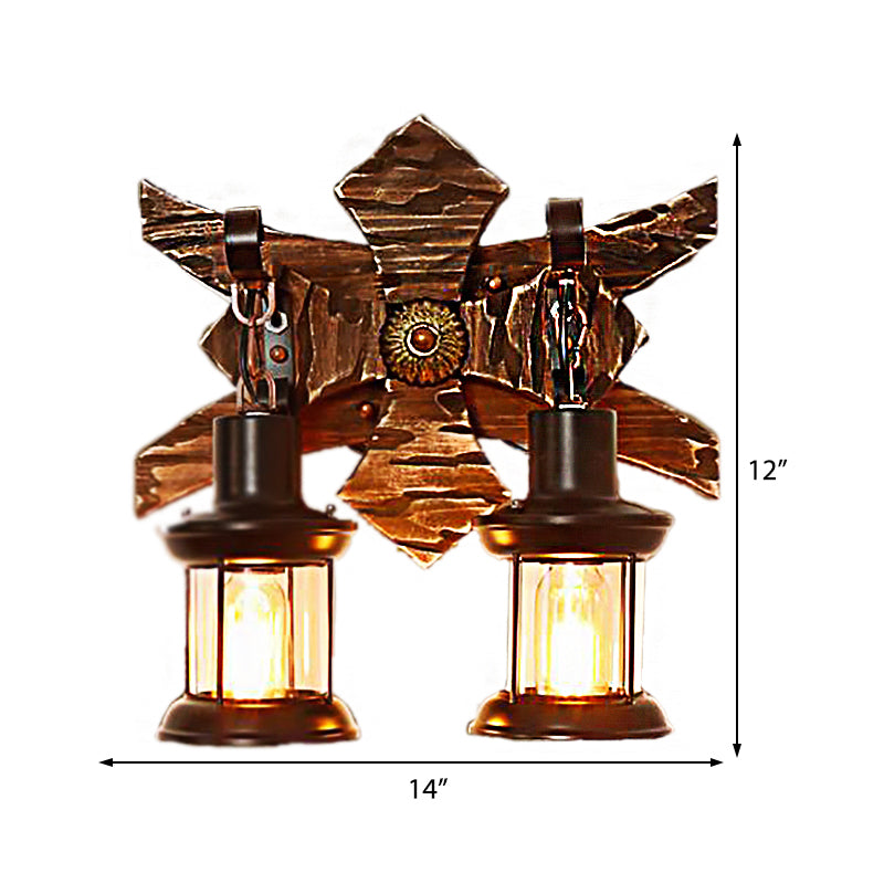 Schwarze Kerzen-/Laternenwandbeleuchtung Vintage-Stil klares Glas/Marmor 2 Licht Innenleuchte mit Holzrückenlampe