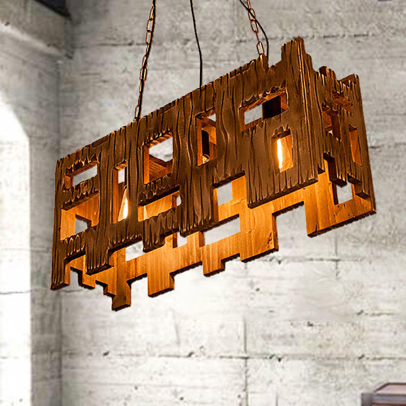 Brown Rectangle Pendant Fixture Antique Etched Wood 1/2/3-Light Dining Room Hanging Ceiling Light