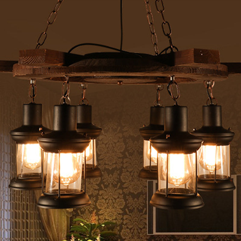 3/6-Bulb Ceiling Lamp with Lantern Shade Clear Glass Industrial Dining Room Chandelier Pendant Light in Black