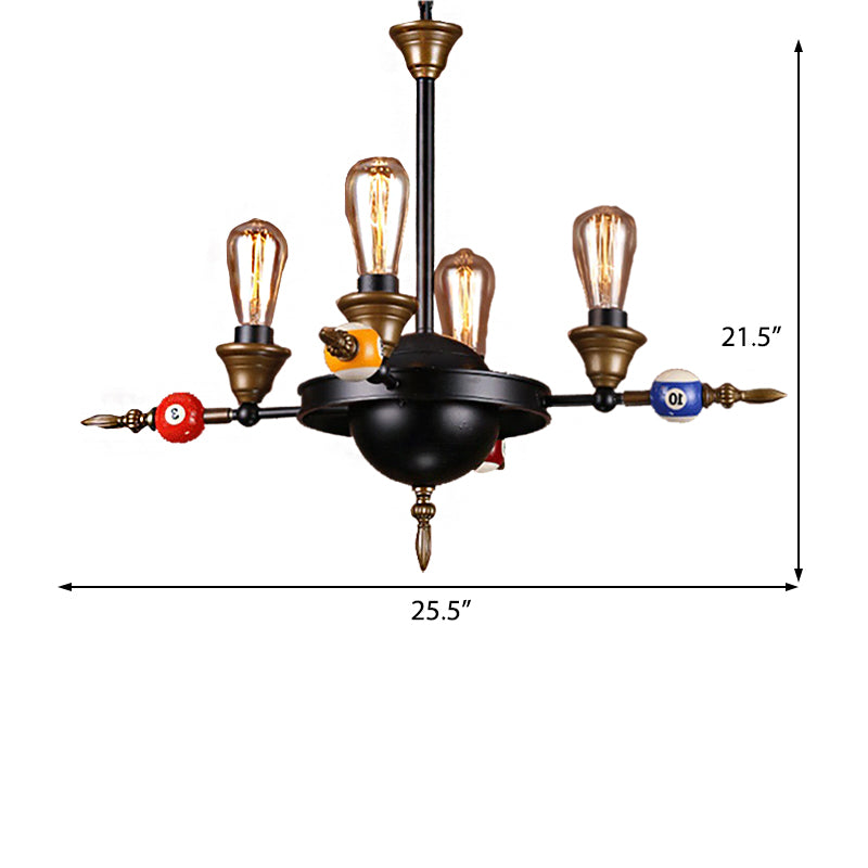 Éclairage de lustre en métal en métal exposé industriel 4/6 Éclair de pendentif de salle à manger légère en noir avec plate-forme de roue