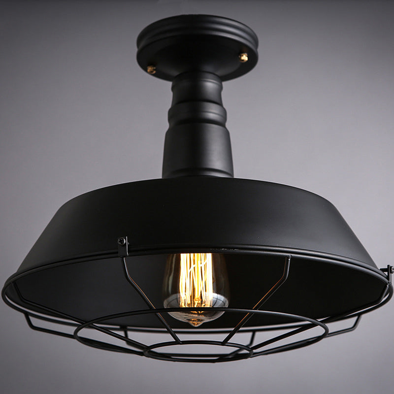 One Light Barn Semi Flush Light Industrial Black Metal Lighting Fixture with Cage, 10"/14" Wide