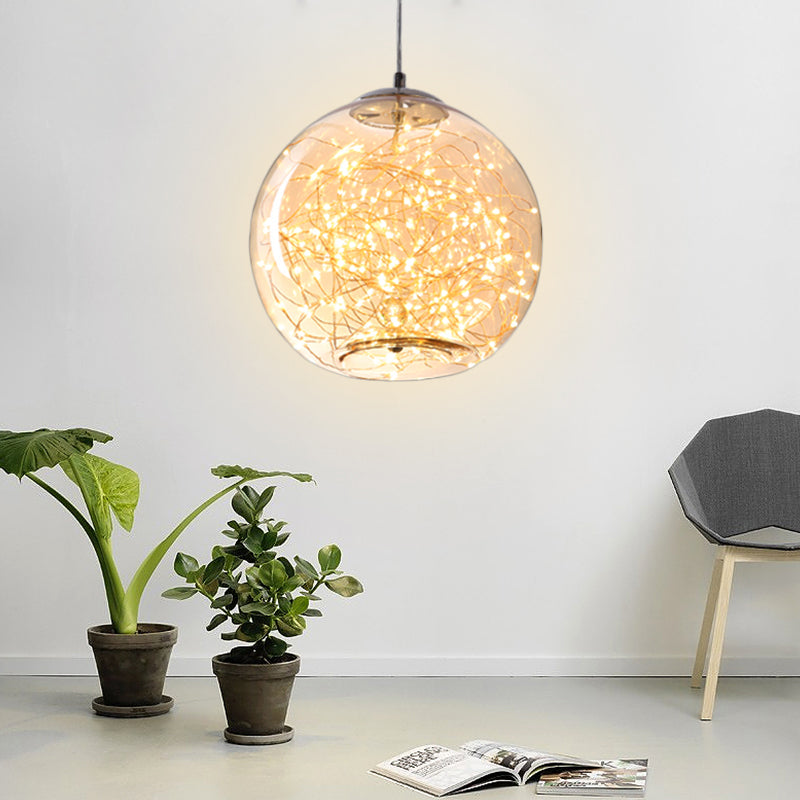 Modern LED Pendant Light with Amber/Smoke Grey Glass Globe/Cylinder/Oval Hanging Light Kit for Living Room