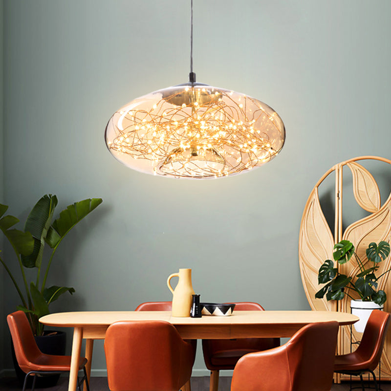 Modern LED Pendant Light with Amber/Smoke Grey Glass Globe/Cylinder/Oval Hanging Light Kit for Living Room