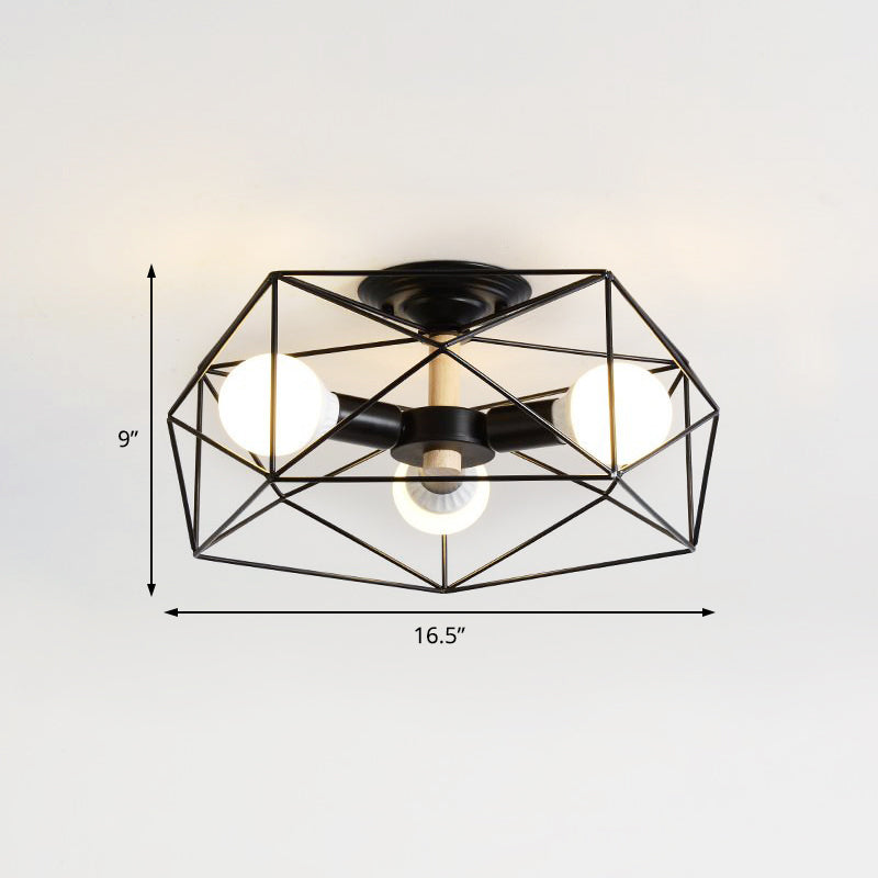 Caged Opal Glass Semi Mount Lighting Industrial 3/4/5 Bulb Living Room Ceiling Light in Black/White