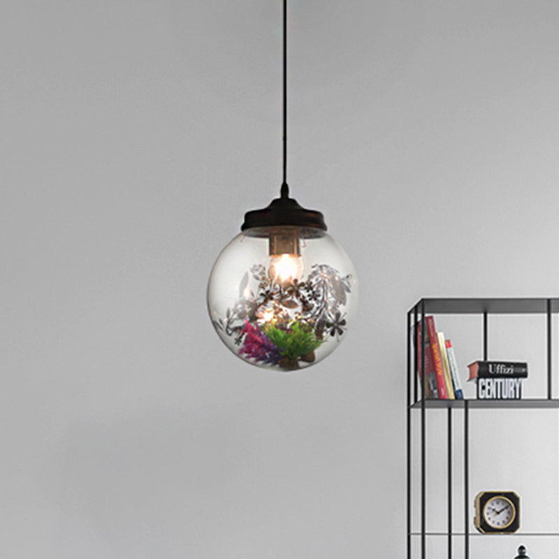 Contemporary 1 Light Hanging Lamp with Clear Glass Shade and Plant Decoration Cylinder/Oval/Globe Pendant Lamp, 6.5"/8"/10.5" Wide