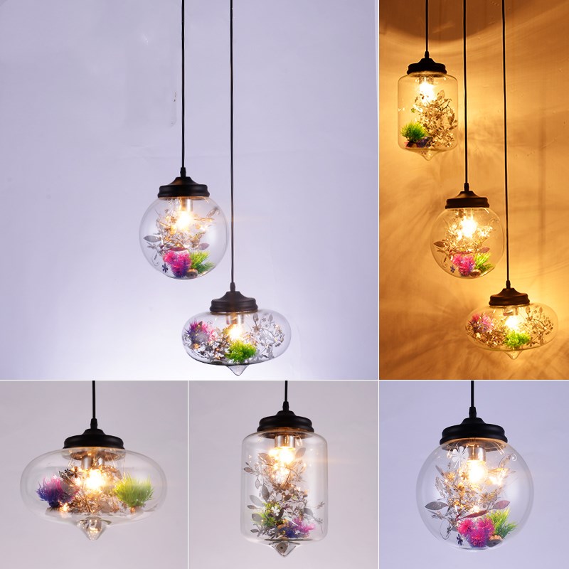 Contemporary 1 Light Hanging Lamp with Clear Glass Shade and Plant Decoration Cylinder/Oval/Globe Pendant Lamp, 6.5"/8"/10.5" Wide