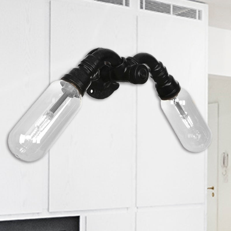 Kapsel Schatten Schlafzimmer Wandleuchte Industrial Metall 2 Lichter Schwarze Leuchte mit Rohrdesign
