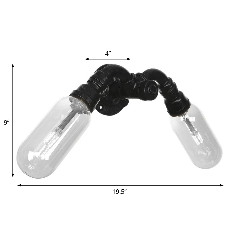Capsule Shade Bedroom Wall Light Fixture Industrial Metal 2 Lights Black Sconce Lamp with Pipe Design